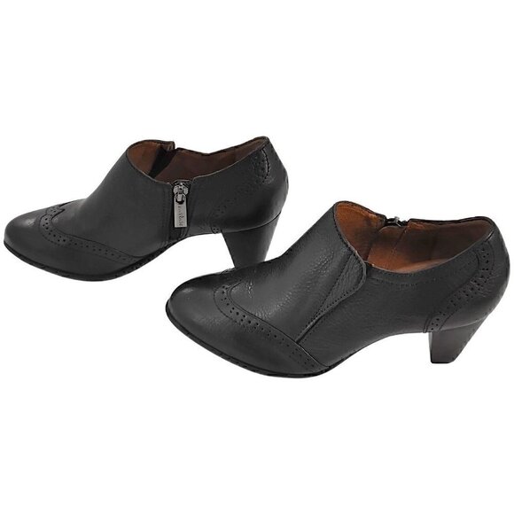 NURTURE Haddie Black Pebble Leather Wingtip Booties with Stacked Heel 6.5M - Picture 6 of 11